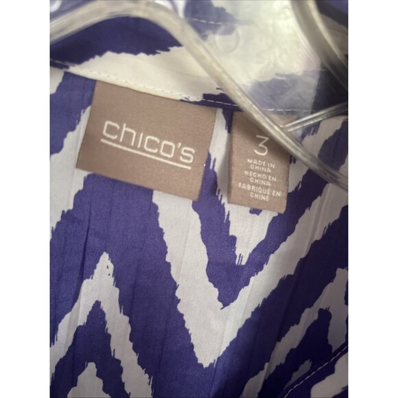 Chico's Size 3 Top Button Down Roll Tab Sleeve Purple White Print Shirt - Picture 2 of 3
